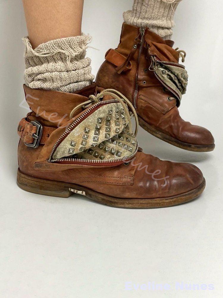Vintage Distressed Brown Ankle - Leatherwork Rivets review and price